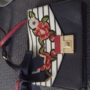 Aldo Blue Bag With Red Flower Applique Crossbody